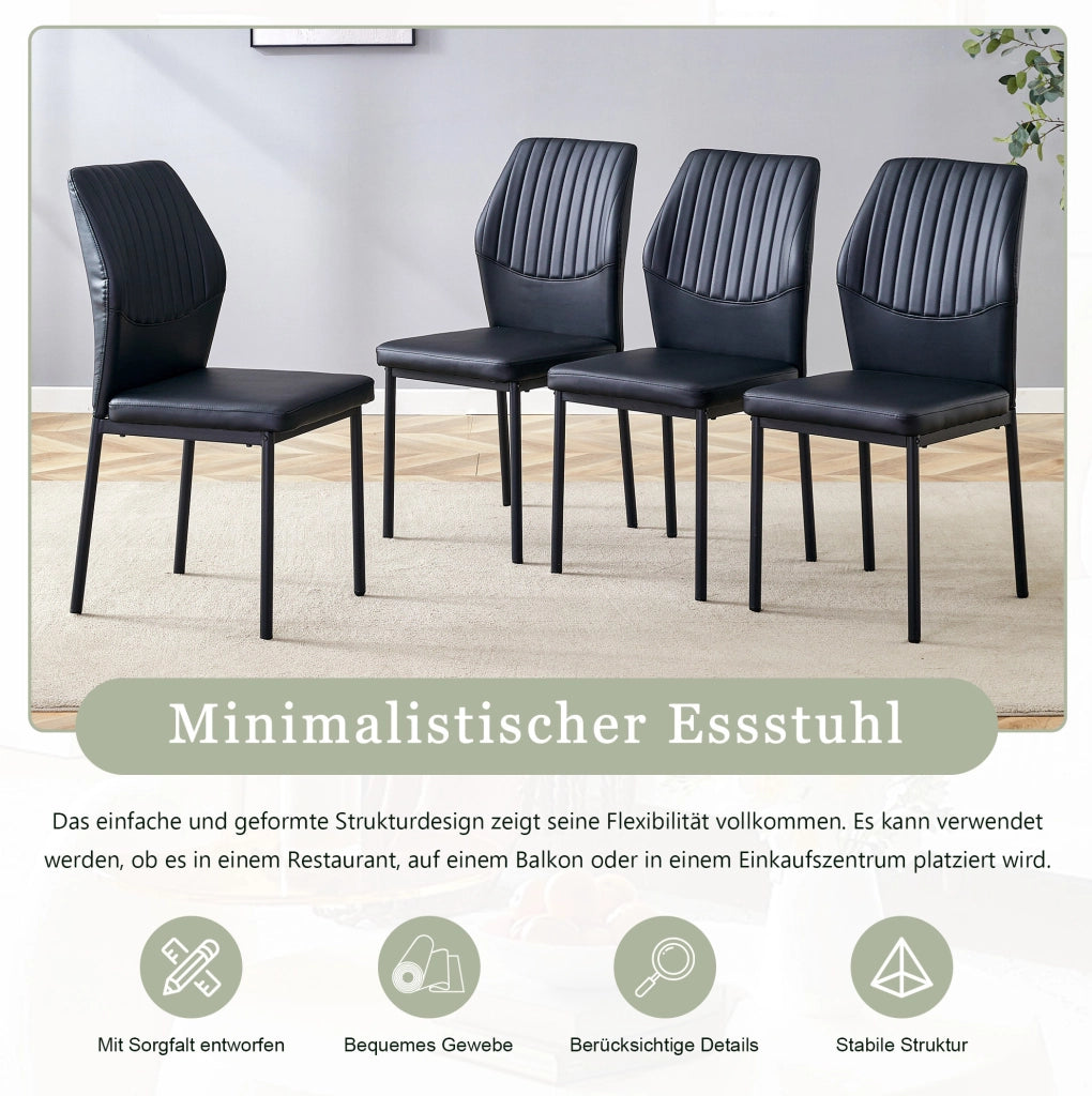 Set di 4 sedie da pranzo nere in PU con schienale a coste e gambe in metallo; h 93 cm
