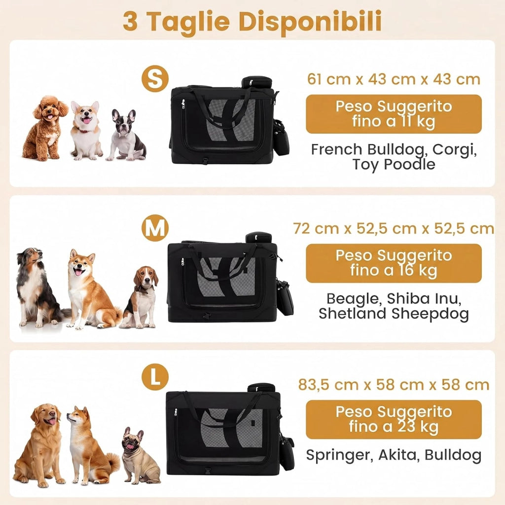 Trasportino per Cani e Gatti, Borsa per Cani Pieghevole e Traspirante con Morbido Cuscino, Parte Superiore Apribile, 2 Tasche Portaoggetti e 2 Manici per Animali Domestici (M,Nero)