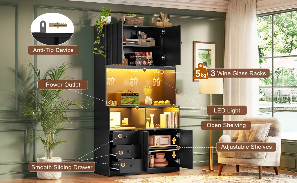 Credenza alta con vetrina, prese USB e RGB LED, per cucina e sala da pranzo, in MDF nero, 100 × 40 × 180 cm