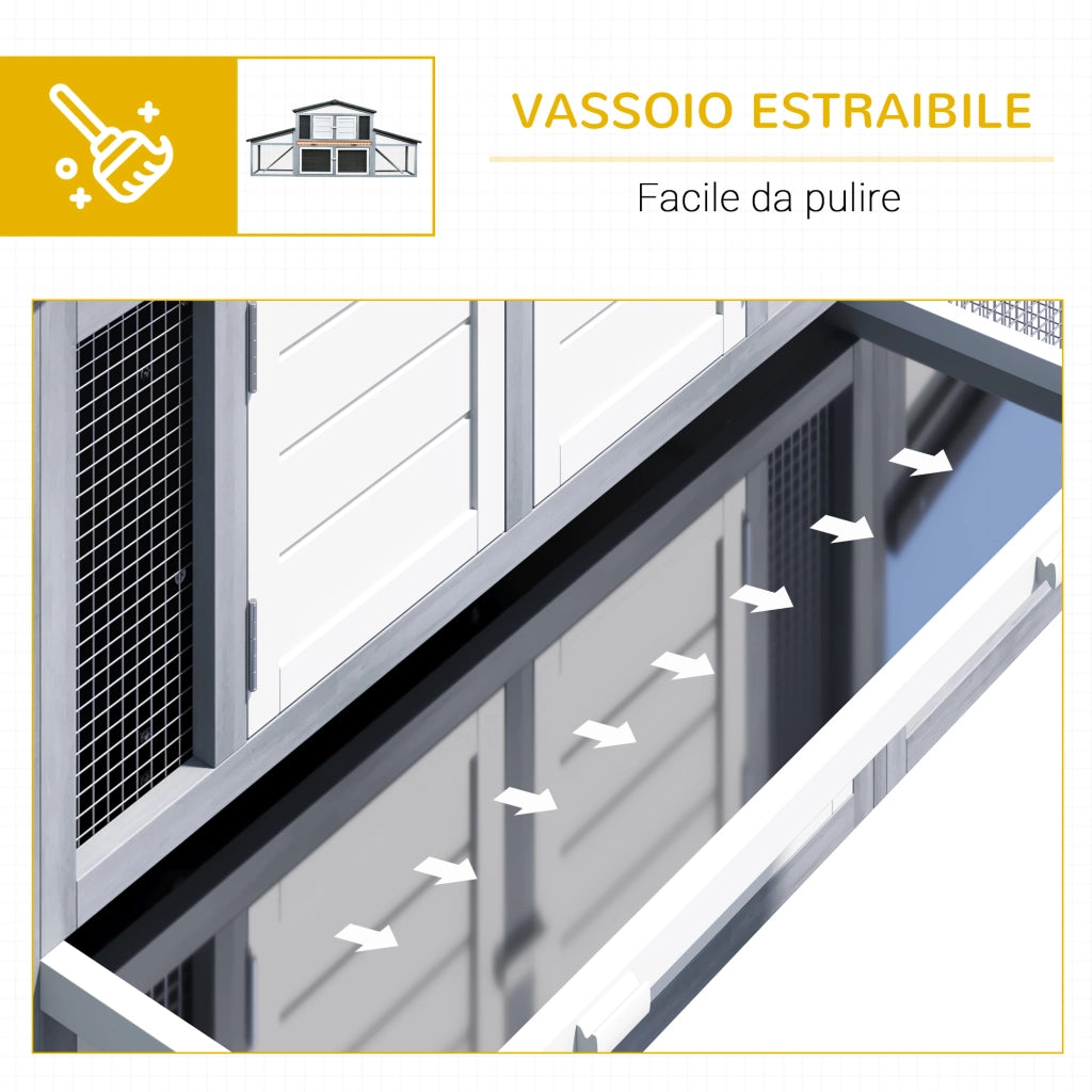 Conigliera da Esterno in Legno e Metallo, Gabbia per 2-3 Conigli o Roditori, Grigia e Bianca 225x70x100cm