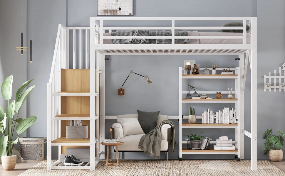 DESMIU Letto a soppalco singolo con armadio ad angolo, scaffale con ruote e barriera 90 × 200 cm, senza materasso