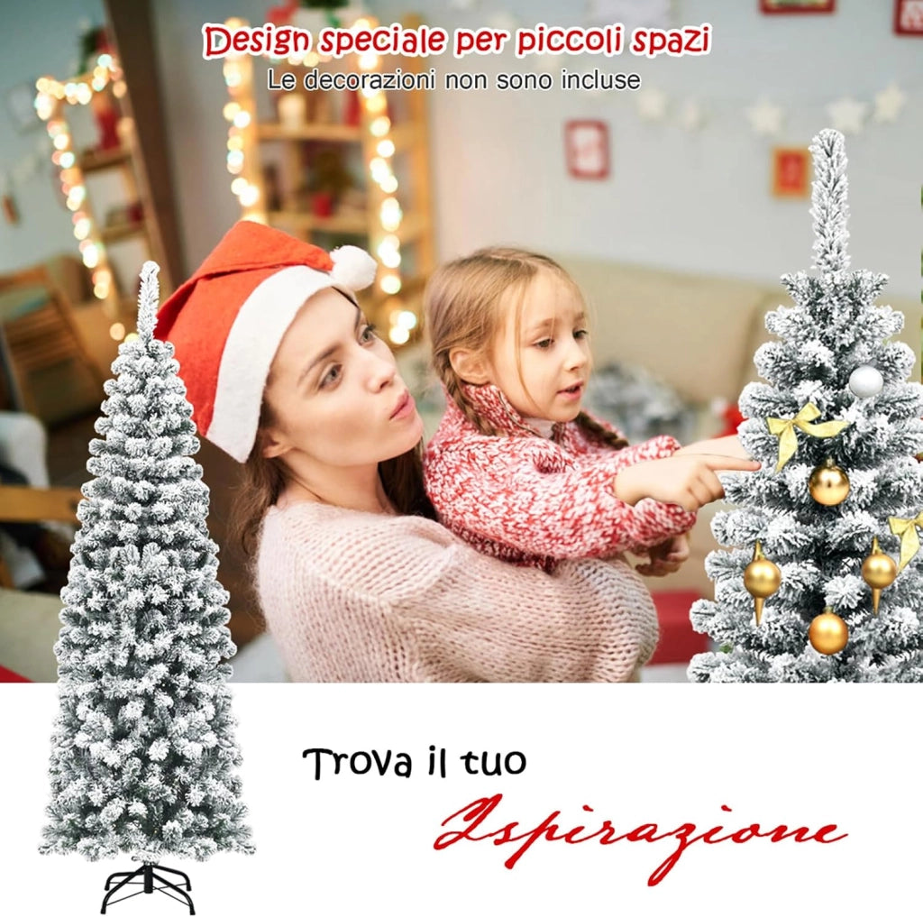 Albero di Natale Innevato 140/180/225 cm, Albero di Natale Artificiale Slim con 242/500/641 Rami Realistici e Folti e Base Pieghevole di Metallo, Apertura a Ombrello (180 cm)