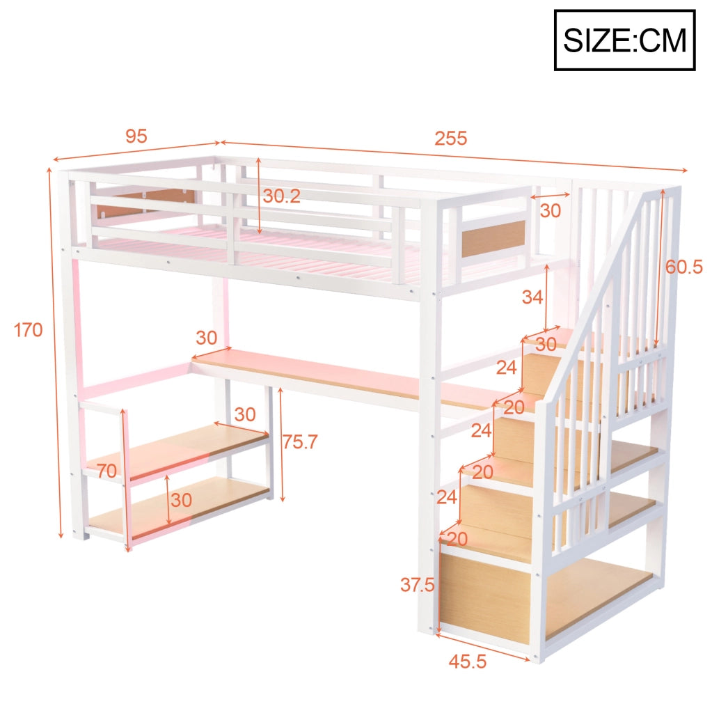 Letto a soppalco in metallo 90x200 cm con scrivania; scaffali e scala contenitore; bianco