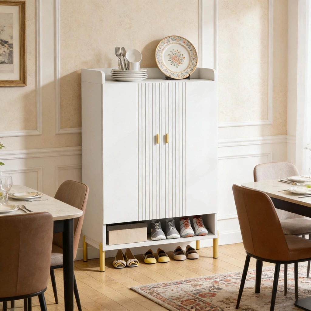 Scarpiera con 2 ante; 6 ripiani regolabili e piano d'appoggio; per ingresso e camera; in metallo e legno; bianco e oro; 75 × 36;5 × 110 cm