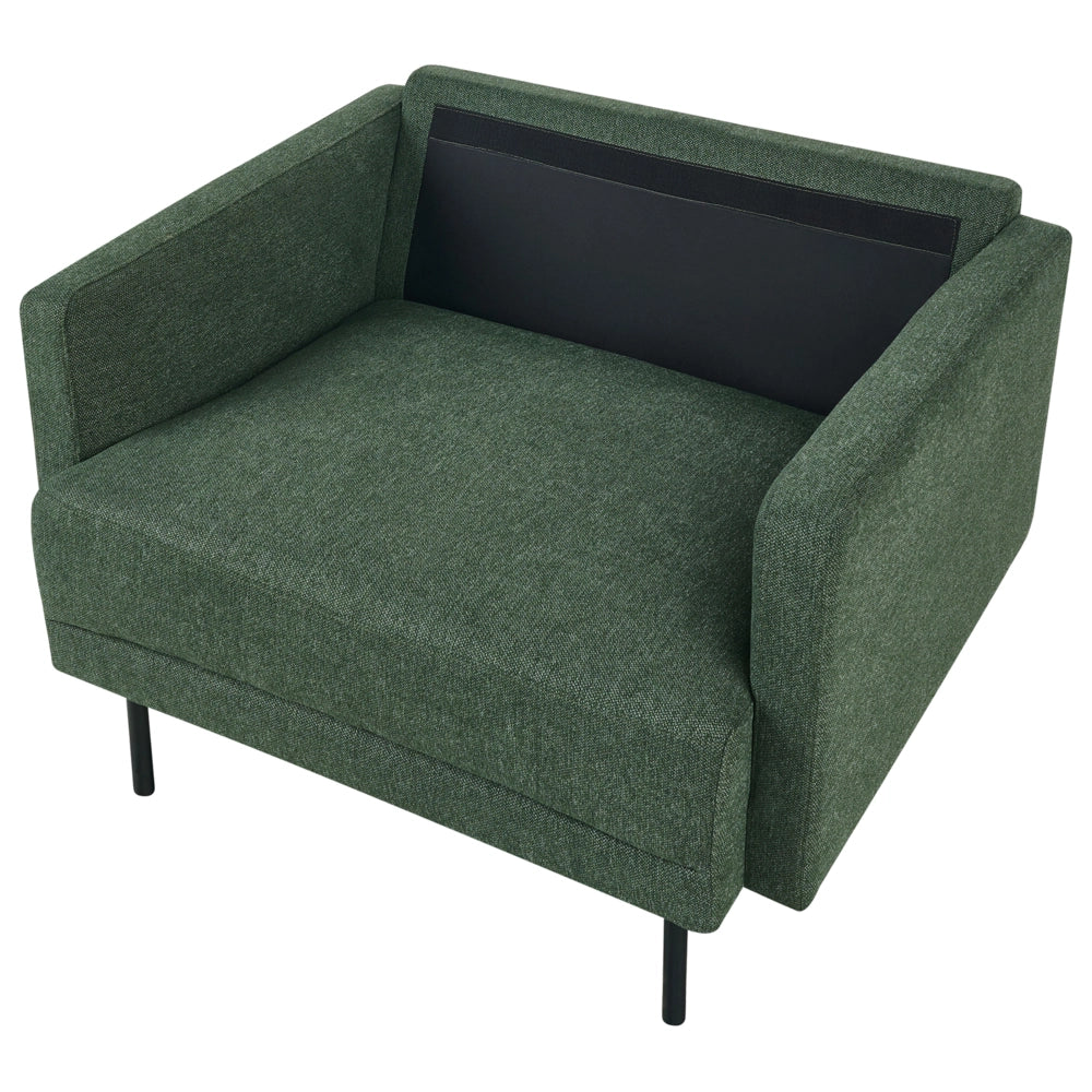 Poltrona moderna imbottita in tessuto verde scuro con gambe in metallo stile moderno e minimalista
