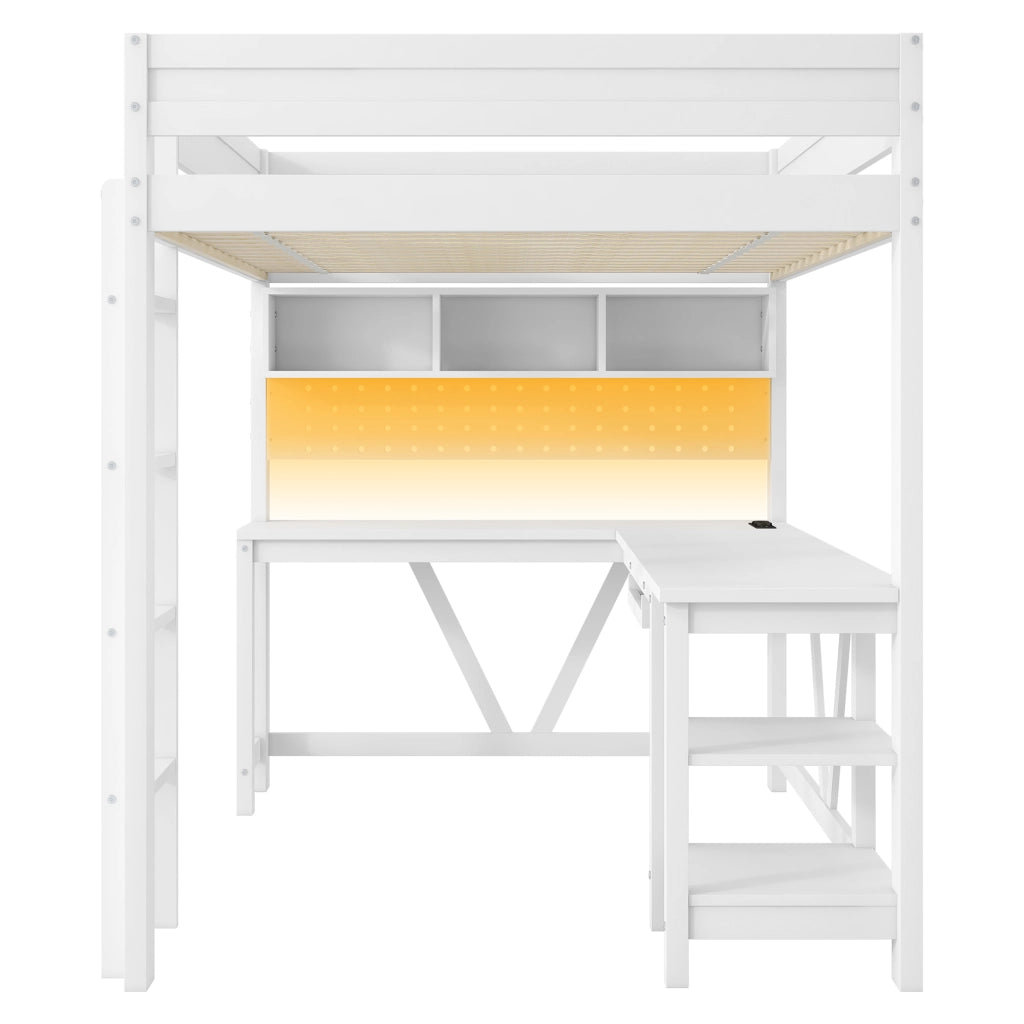 Letto a soppalco singolo 90 × 200 cm con scrivania, ripiani, LED a 7 colori, prese USB e senza materasso