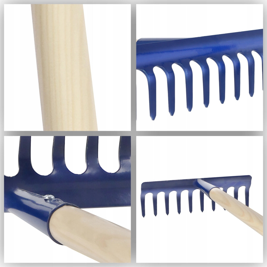 Rastrello da giardino KADAX con manico in legno, 135 cm, in acciaio temprato, a 10 denti