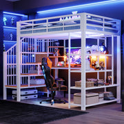 Letto a soppalco multifunzione in metallo e legno, 140¡Á200 cm, bianco, con scala contenitore, LED e prese EU