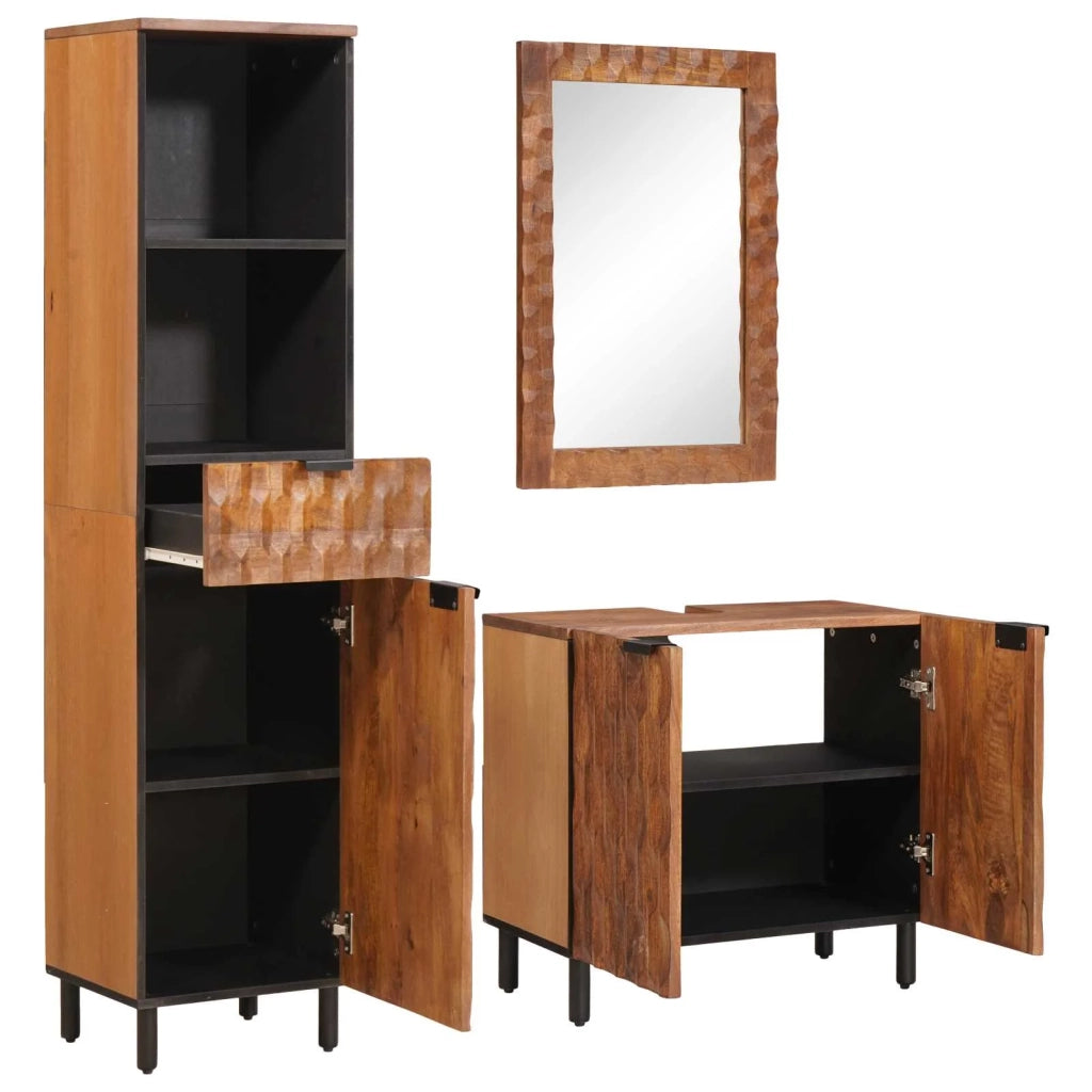 Set da Bagno con cassetto con porta 3 pcs Acacia Marrone Winish 3310037