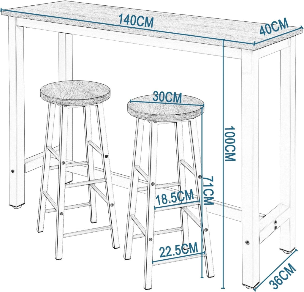 Tavolo Alto con 2 Sgabelli, Set Pranzo per Cucina, Sala da Pranzo, Isola da Cucina, Sgabelli Rotondi, Struttura in Metallo, Design Industriale, Rovere Chiaro