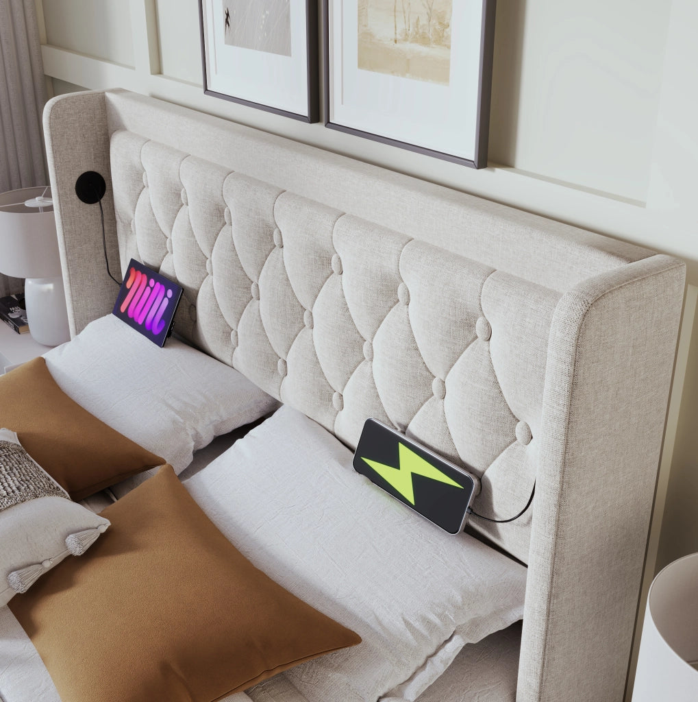 Letto 180x200 cm con contenitore idraulico, LED e USB-C in cotone beige