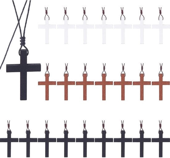 Crocifisso in Legno - 30 Pezzi - Catena Adattabile - Croci Religiose - Legno - Progetto Classico - Corda Nylon Tessuta a Maglia - Rosario