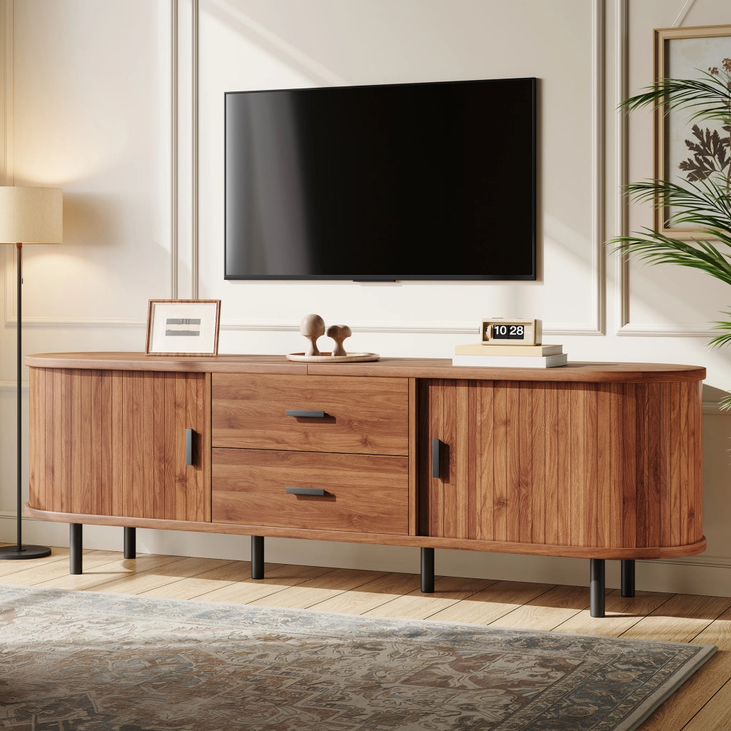 Mobile TV con 2 porte scorrevoli; 2 cassetti e 5 piedi in metallo; vani aperti; per soggiorno; 160 × 40 × 55 cm