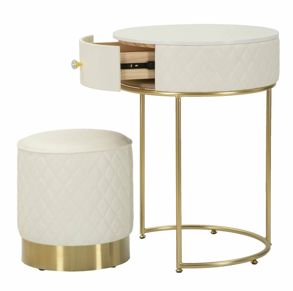 Comodino Miscano, Comò basso, Tavolino da notte, Mensola da letto, 52x52 h70 cm, Bianco e Oro