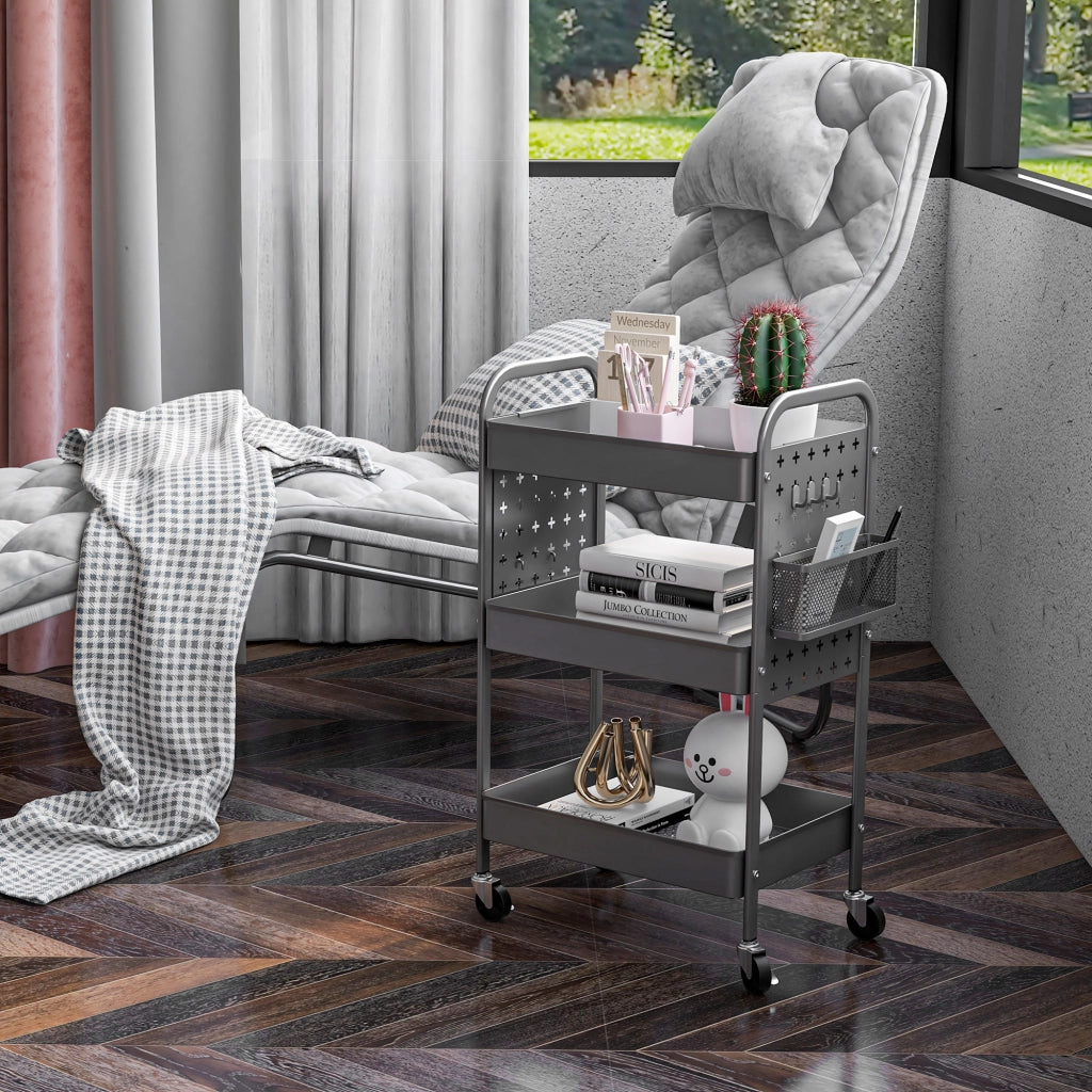 Carrello Multiuso con 3 Ripiani e 4 Ruote ¨C zephmum ¨C Grigio 53.5x30.5x75 cm