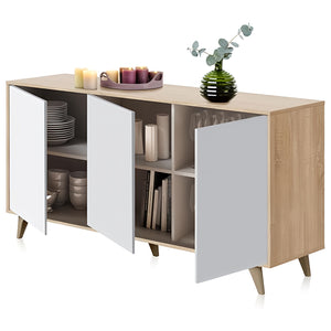 KIKUA PLUS Credenza 3 Ante 154x40x75 cm Rovere Bianco con Ripiani Interni