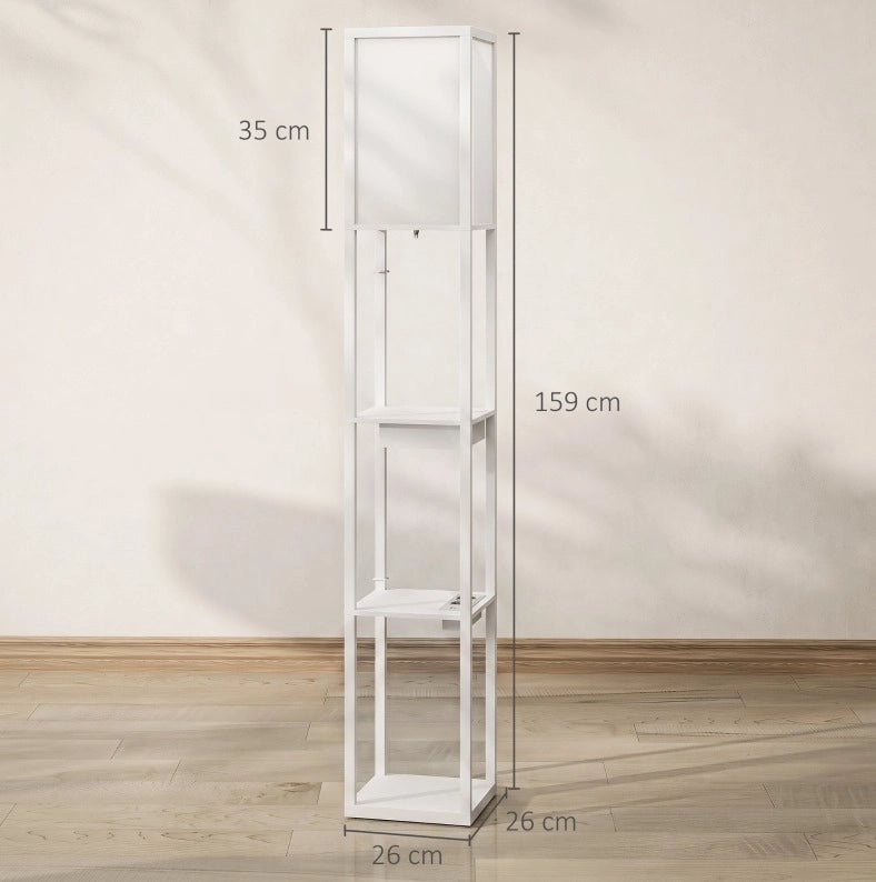 Lampada da terra bianca in MDF con 3 ripiani, interruttore a pedale e porte USB