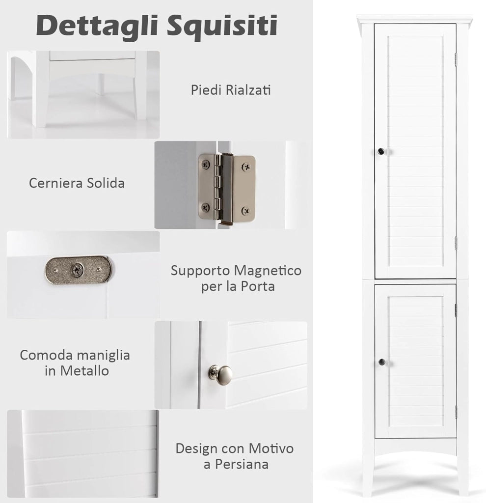 Mobile da Bagno Alto con 2 Ante, Armadio da Terra con 5 Vani, Mobile Colonna per Bagno Cucina Soggiorno, 37 x 37 x 160 cm (Bianco)