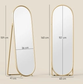 Specchio da terra ovale ULEVR 160x40 cm con supporto pieghevole e cornice in metallo dorata