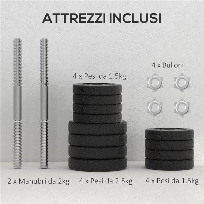 SET MANUBRI PALESTRA DA 25 KG TOTALI CON 12 DISCHI PESI E 2 BARRE DA 2 KG, NERO