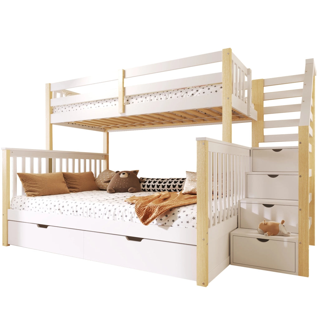 Letto a castello per bambini 90x200 e 140x200 cm in pino; bianco e naturale; con cassetti