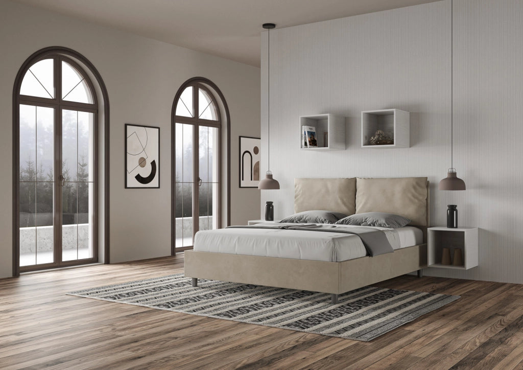 Letto Matrimoniale 160x210 cm con Rete e Contenitore Giroletto con Alzata Comoda Imbottito in Microfibra Antea Sabbia
