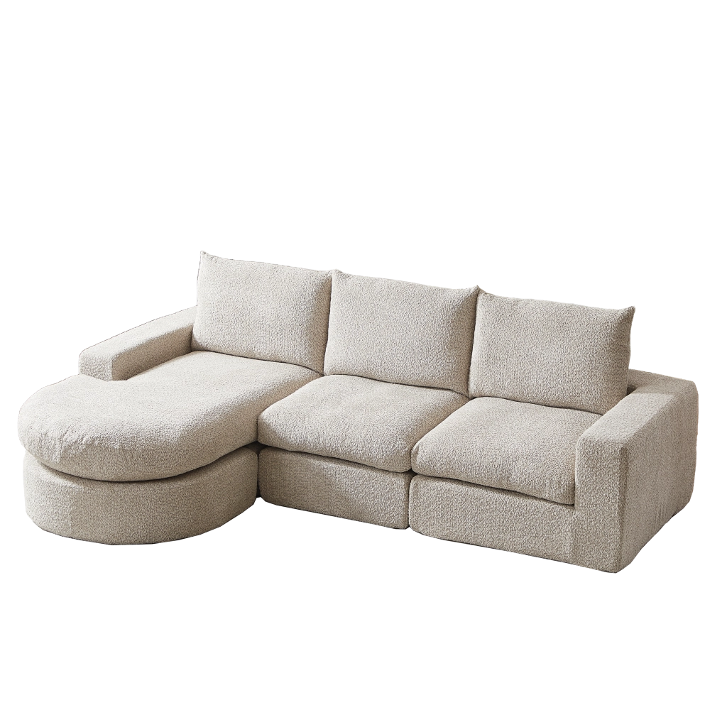 Divano modulare con chaise longue reversibile, cuscini e supporto in ciniglia beige