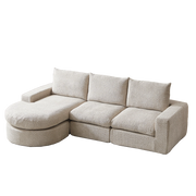 Divano modulare con chaise longue reversibile, cuscini e supporto in ciniglia beige