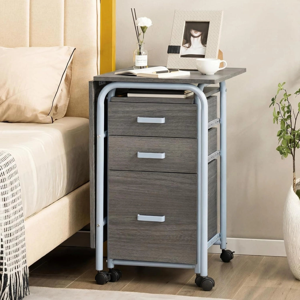 Scrivania Salvaspazio con 3 Cassetti e Ruote Bloccabili, Scrivania Porta PC Pieghevole con Struttura in Metallo per Studio e Ufficio, 105 x 50 x 75 cm, Portata 100 kg (Grigio)