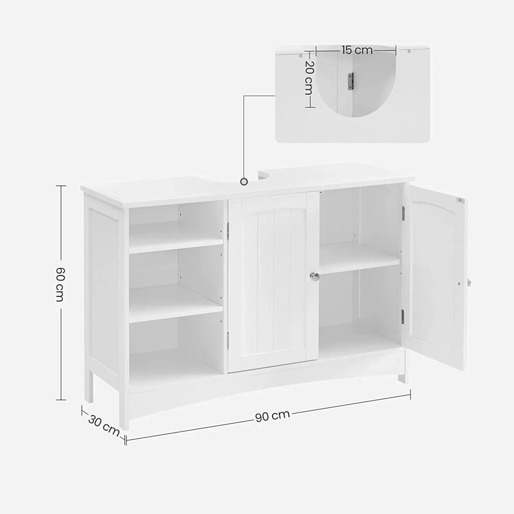 Mobile lavabo per bagno 90 x 30 x 60 cm 2 ante vani a giorno ripiani regolabili in altezza bianco 12_0006545