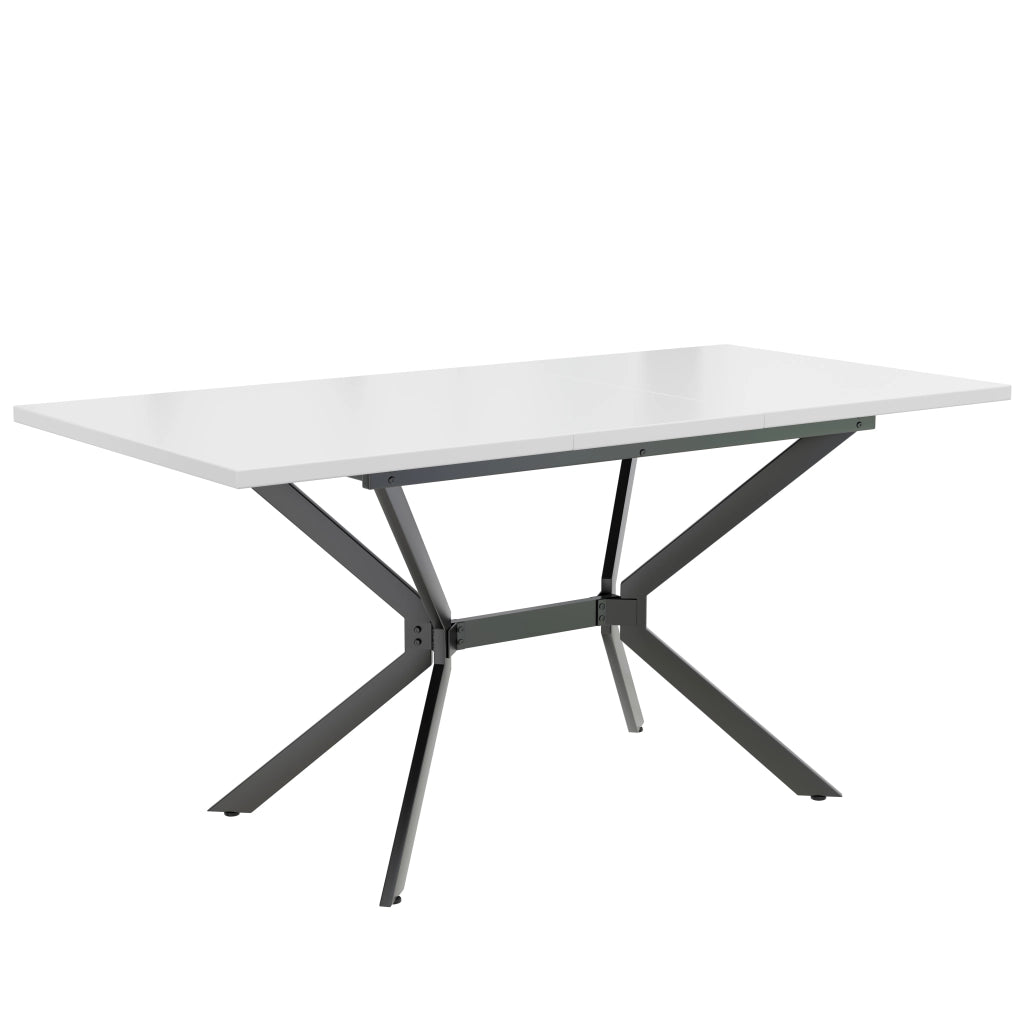 Tavolo da pranzo rettangolare allungabile con gambe in metallo nero; piano bianco per 4-6 persone