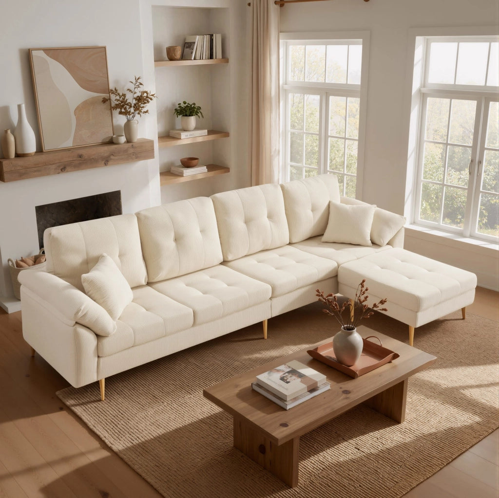 Divano 4 posti 250x70x87 cm con pouf separato configurabile a L; velluto a coste beige chiaro