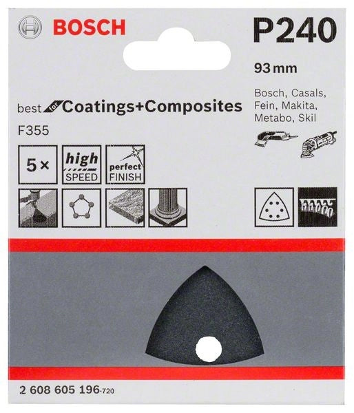 2608605196 - Set 5 Fogli abrasivi F355, 93 mm, P240, BEST for MATERIALI PLASTICI+PIETRE DURE