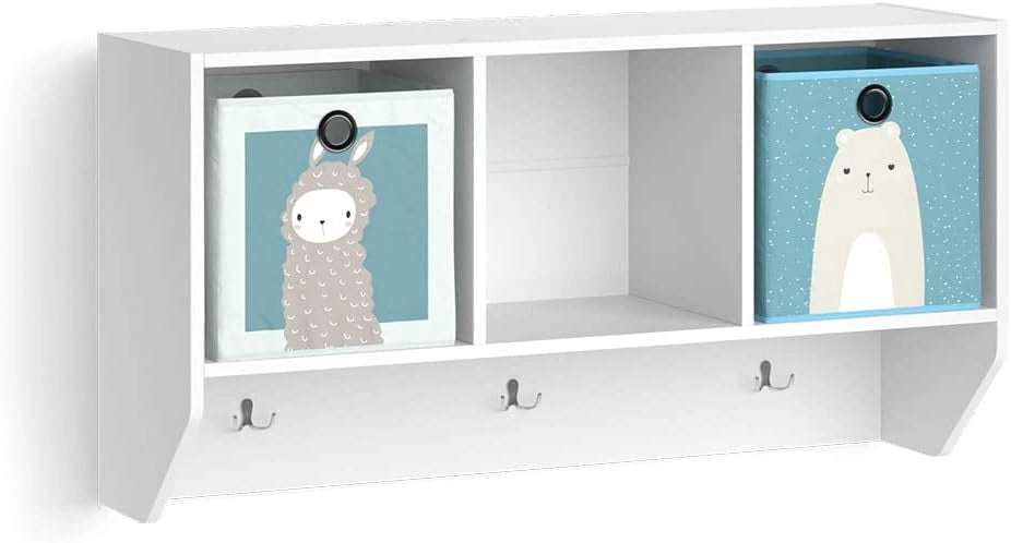 Scaffale a muro per bambini Luigi, Bianco, 107.2 x 56 cm, per montaggio a parete con ripiani aperti e ganci