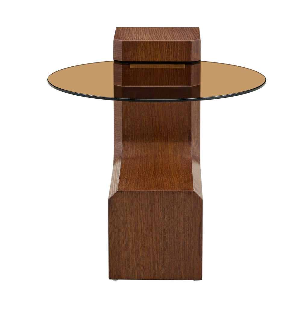Tavolino da caffè rotondo a due livelli in MDF effetto noce e vetro marrone; 61 cm