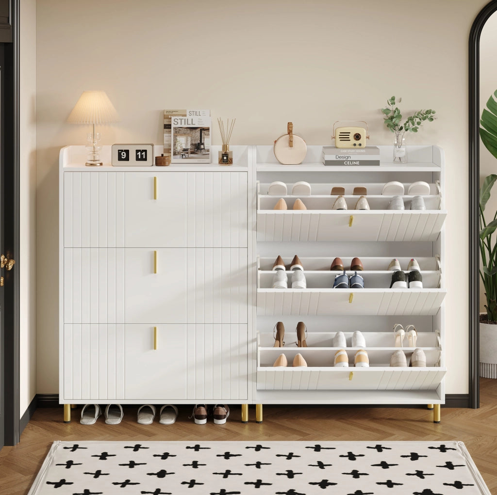 Set di 2 scarpiere a ribalta salvaspazio 80x23x123;5 cm in MDF bianco opaco