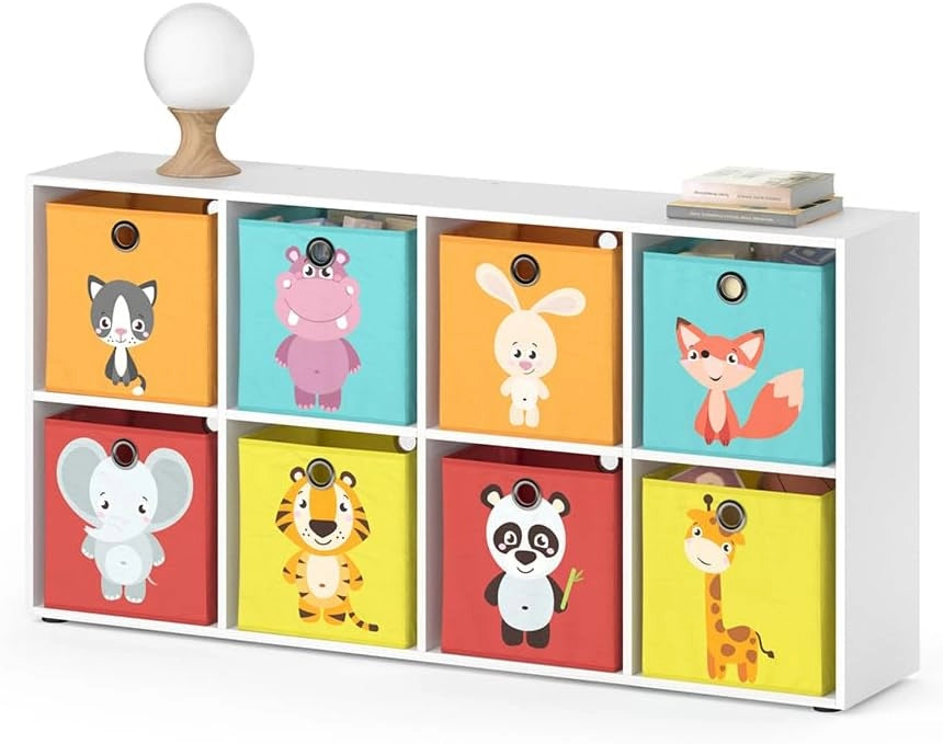 Libreria bambini Scutum, Bianco, 143 x 72 cm con 8 scatole pieghevoli, adatto per riporre giocattoli e libri