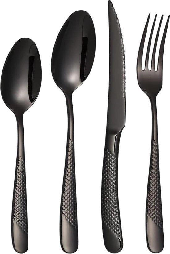 Set di cucina per 6 persone, 24 pezzi, set di cucina in acciaio inossidabile, set di cucina con due in uno, forchetta, cucchiaio, liscio, lavastoviglie (spessore nero)