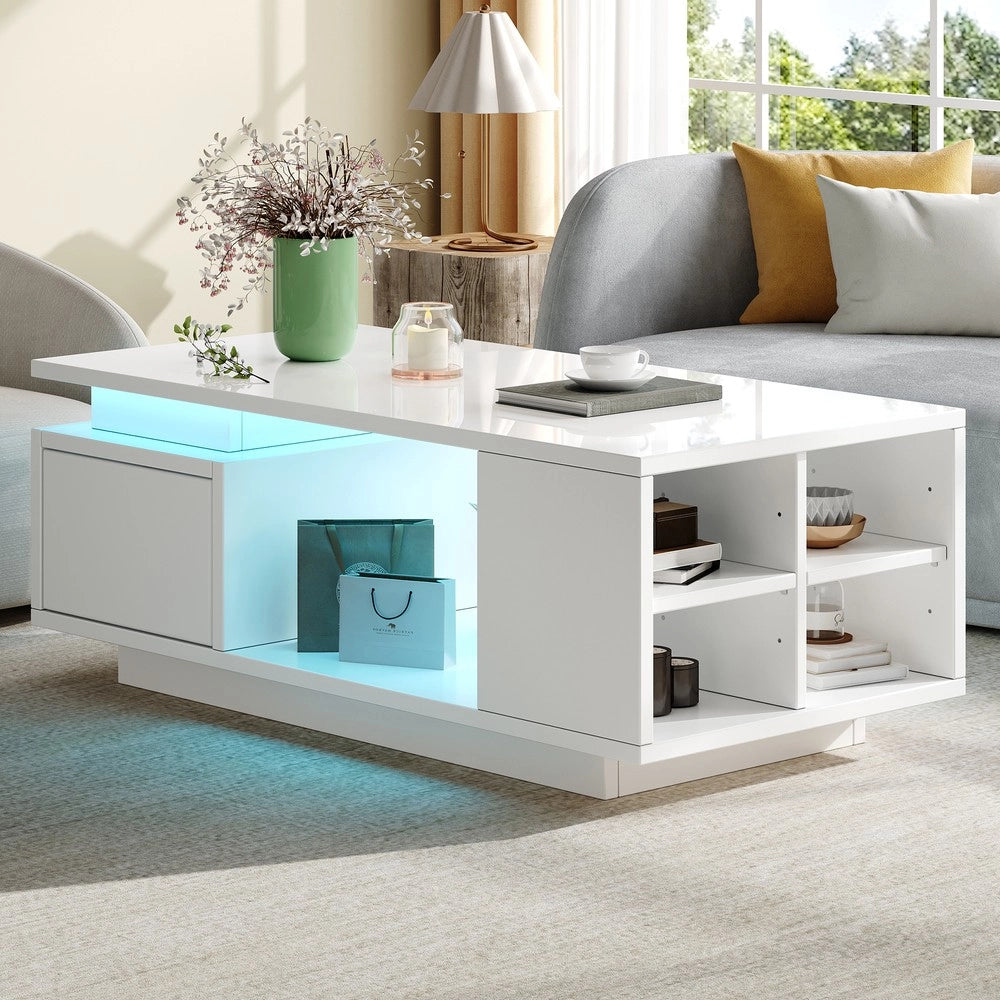 Tavolino da Caff¨¨ con Cassetto e LED ¨C MINIMAL ¨C Bianco Lucido, 100x50x36