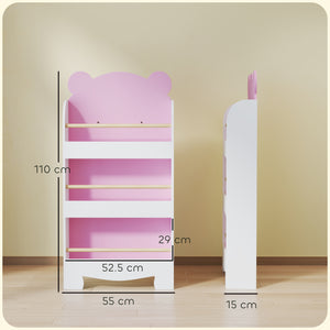 Libreria per Bambini 55x15x110 cm a Forma di Orsetto a 3 Ripiani con Barriere Frontali in MDF e Legno Rosa