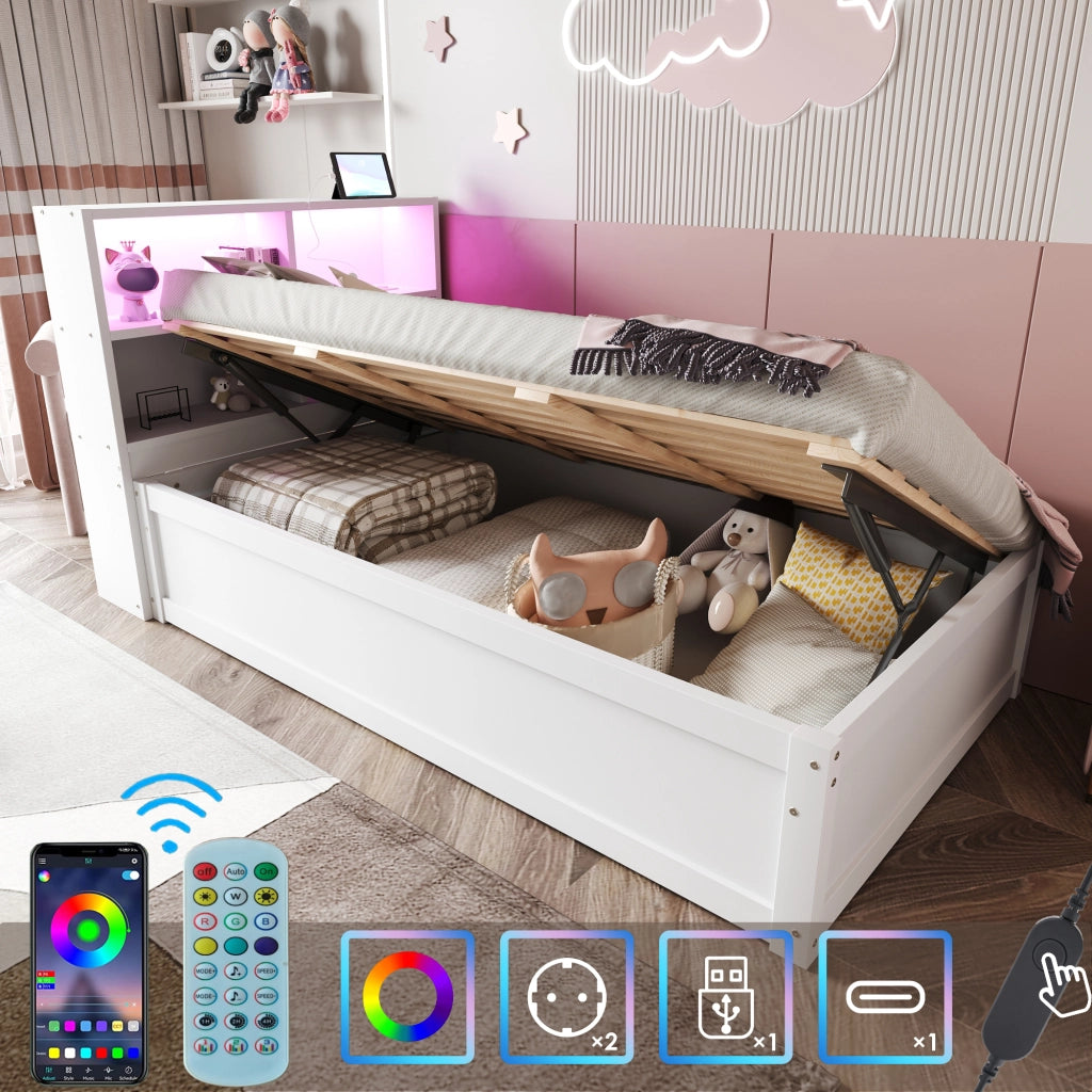 OKWISH Letto a divano 90×200 cm, Letto Singolo con Multipresa, 4 Vani Portaoggetti e LED, senza Materasso, in Legno, Bianco