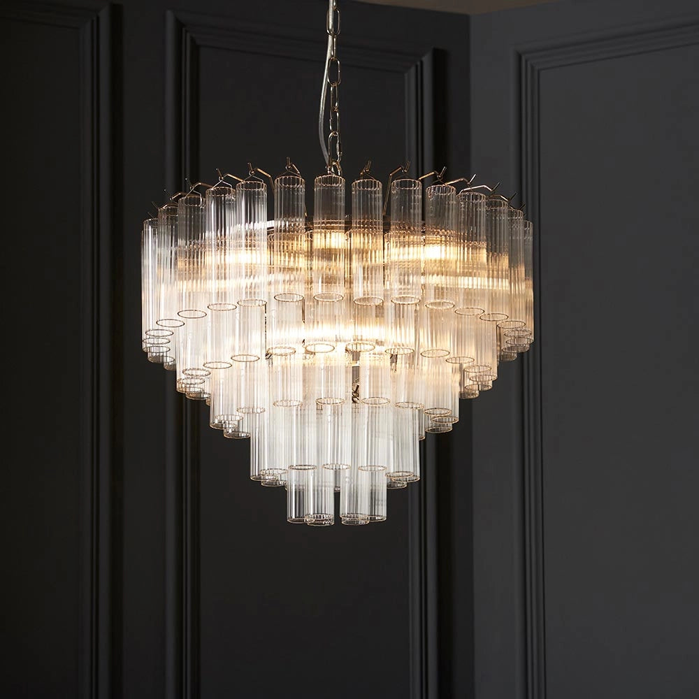 Lampadario Toulouse Endon nichel vetro rigato 12xG9