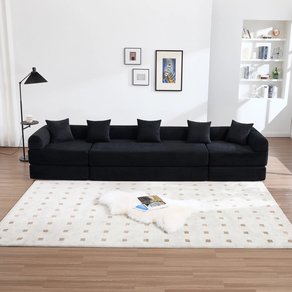 Divano modulare con tasca laterale e funzione letto in velluto a coste nero per soggiorno studio e camera ospiti