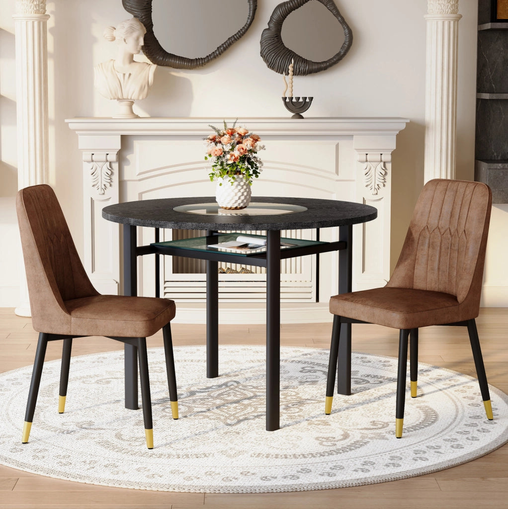 Set tavolo da pranzo rotondo Ø100 cm con 2 sedie in tessuto tecnico marrone HOMVRA