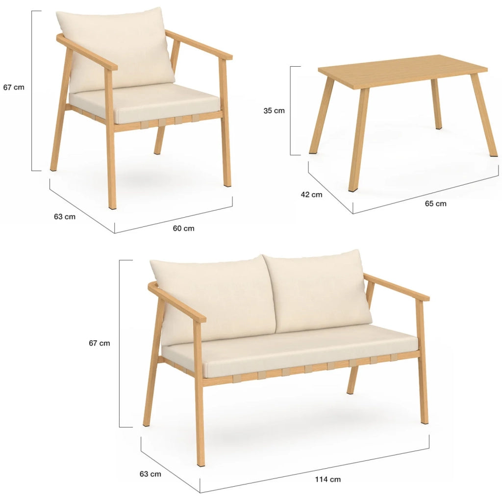 IDMarket - Set di mobili da giardino bassi MALTA, 4 posti, struttura in metallo effetto legno, strisce e cuscini beige