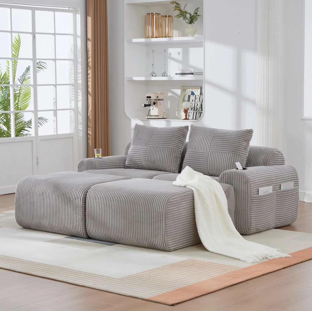 Divano modulare 2 posti in velluto a coste grigio chiaro