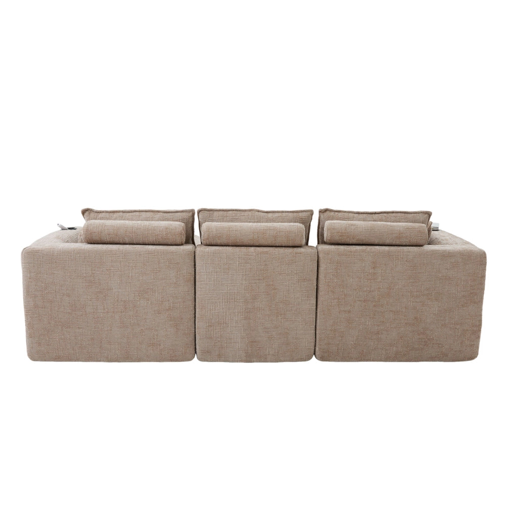Divano modulare 256x161 cm khaki in chenille, con pouf e tasche laterali