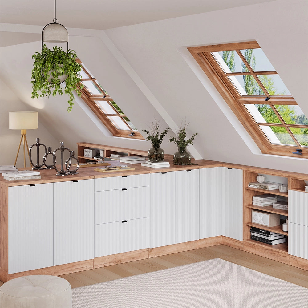 Mobile cucina sottotetto R-Line Ondulazione bianca/Rovere dorato 60 cm senza inclinazione con 2 ante Vicco