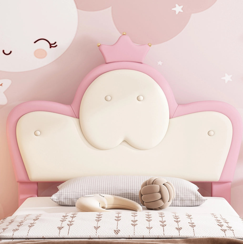 Letto singolo per bambini 90x200 in PU rosa e bianco， corona， LED， senza materasso