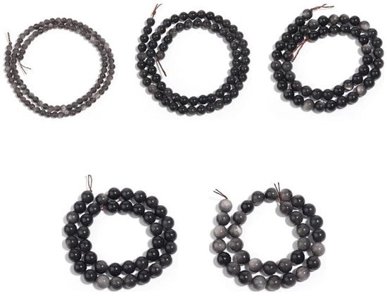 Accessori per gioielli - 48 pezzi - Ronde perle nere - Perle d'acqua - Perle con foro - Perle rotonde - 8 mm - Obsidiiana argentata - Accessori per collane